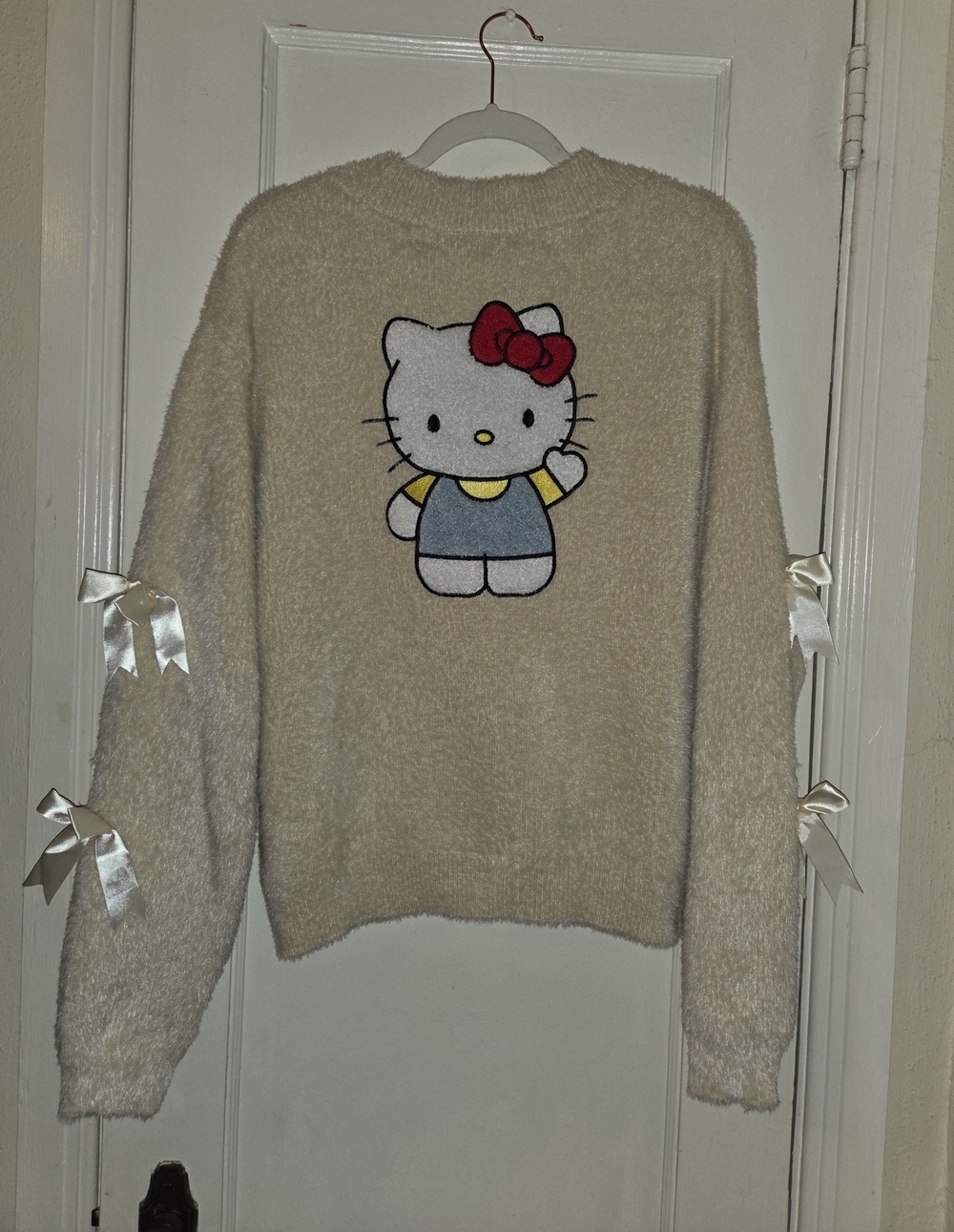 Hello Kitty Cream Fuzzy Crewneck Sweater with Bows